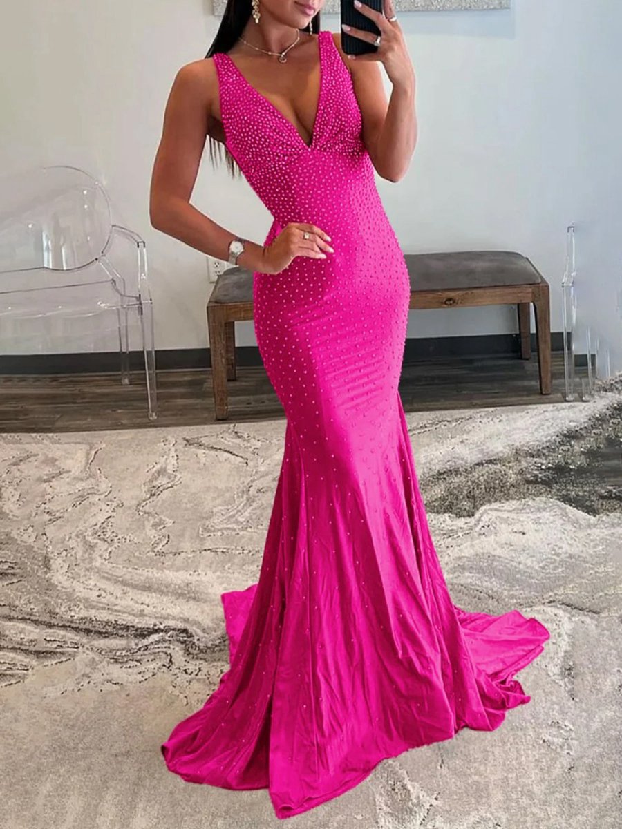 Mermaid Deep V-Neck Beaded Satin Long Prom Dresses