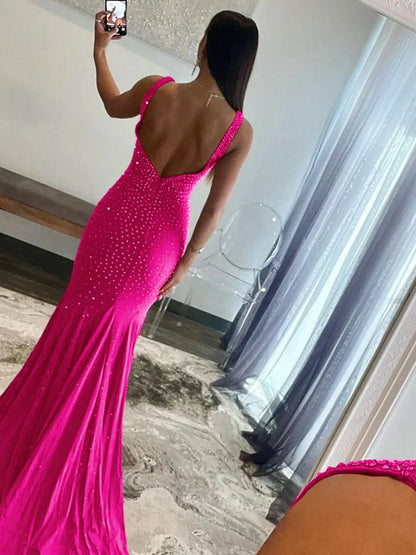 Mermaid Deep V-Neck Beaded Satin Long Prom Dresses