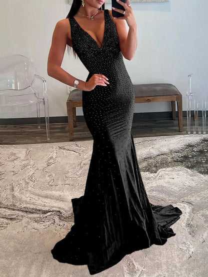 Mermaid Deep V-Neck Beaded Satin Long Prom Dresses