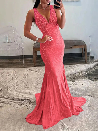 Mermaid Deep V-Neck Beaded Satin Long Prom Dresses