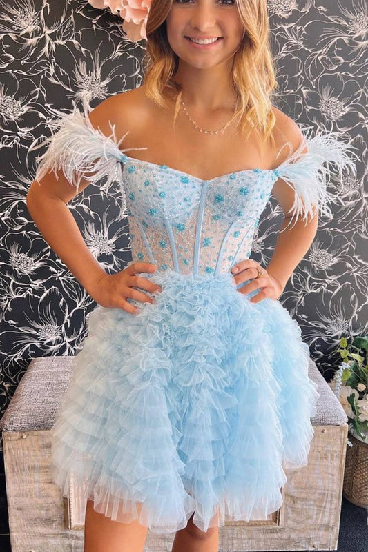 A-line Off the Shoulder Short Homecoming Dresses with Feather