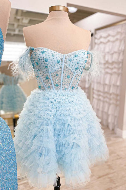 A-line Off the Shoulder Short Homecoming Dresses with Feather