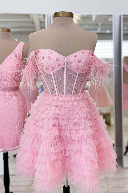 A-line Off the Shoulder Short Homecoming Dresses with Feather