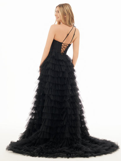 A-line One Shoulder Tie Long Prom Dresses