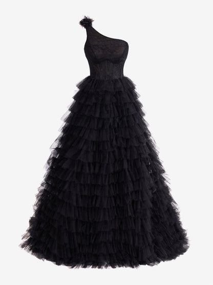 A-line One Shoulder Tie Long Prom Dresses