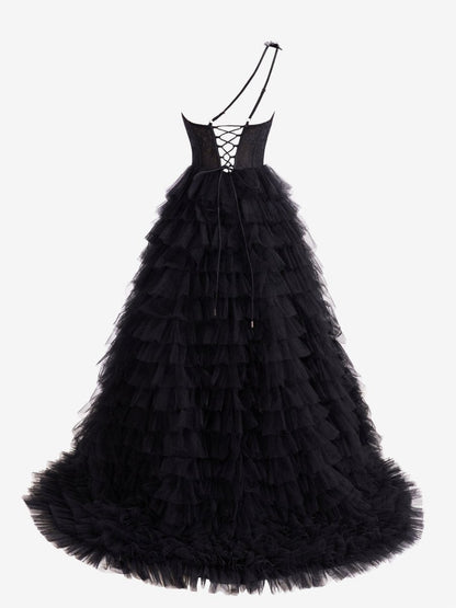 A-line One Shoulder Tie Long Prom Dresses
