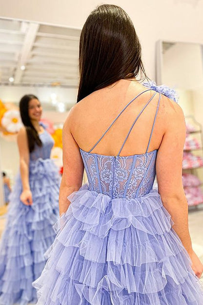 A-line One Shoulder Tie Long Prom Dresses