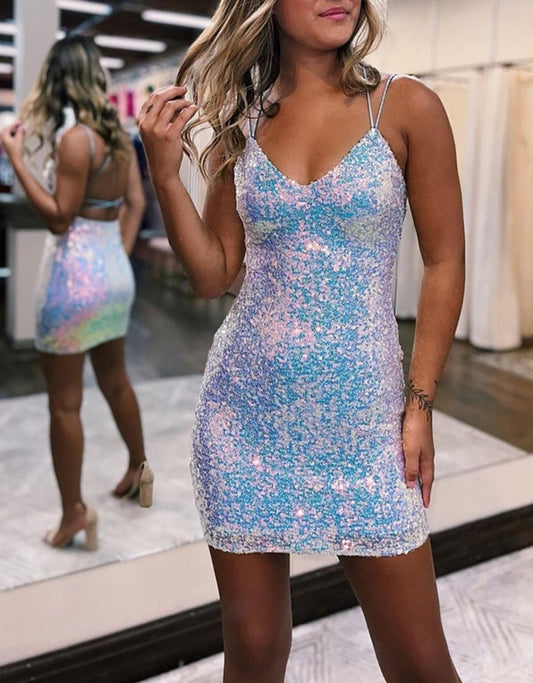 Sheath V Neck Sequins Homecoming Dresses