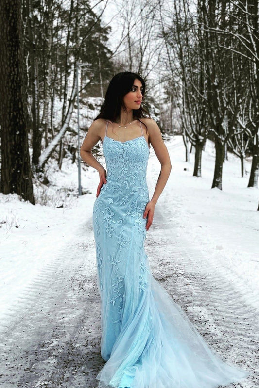 Mermaid Spaghetti Straps Criss Cross Back Long Prom Dresses