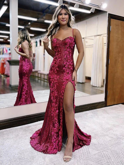 Sheath Spaghetti Straps Sequin Prom Dresses with 3D Appliques