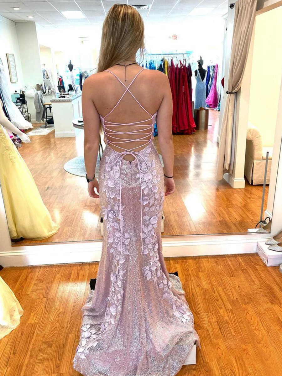 Sheath Spaghetti Straps Sequin Prom Dresses with 3D Appliques