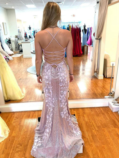 Sheath Spaghetti Straps Sequin Prom Dresses with 3D Appliques