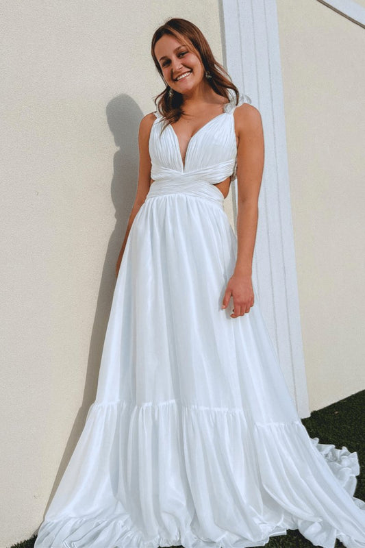 Ruffle Straps Pleated Cut-Out Deep V Long Prom Dresses