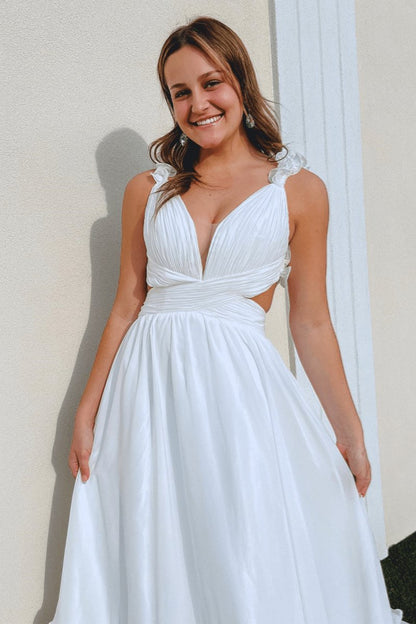 Ruffle Straps Pleated Cut-Out Deep V Long Prom Dresses