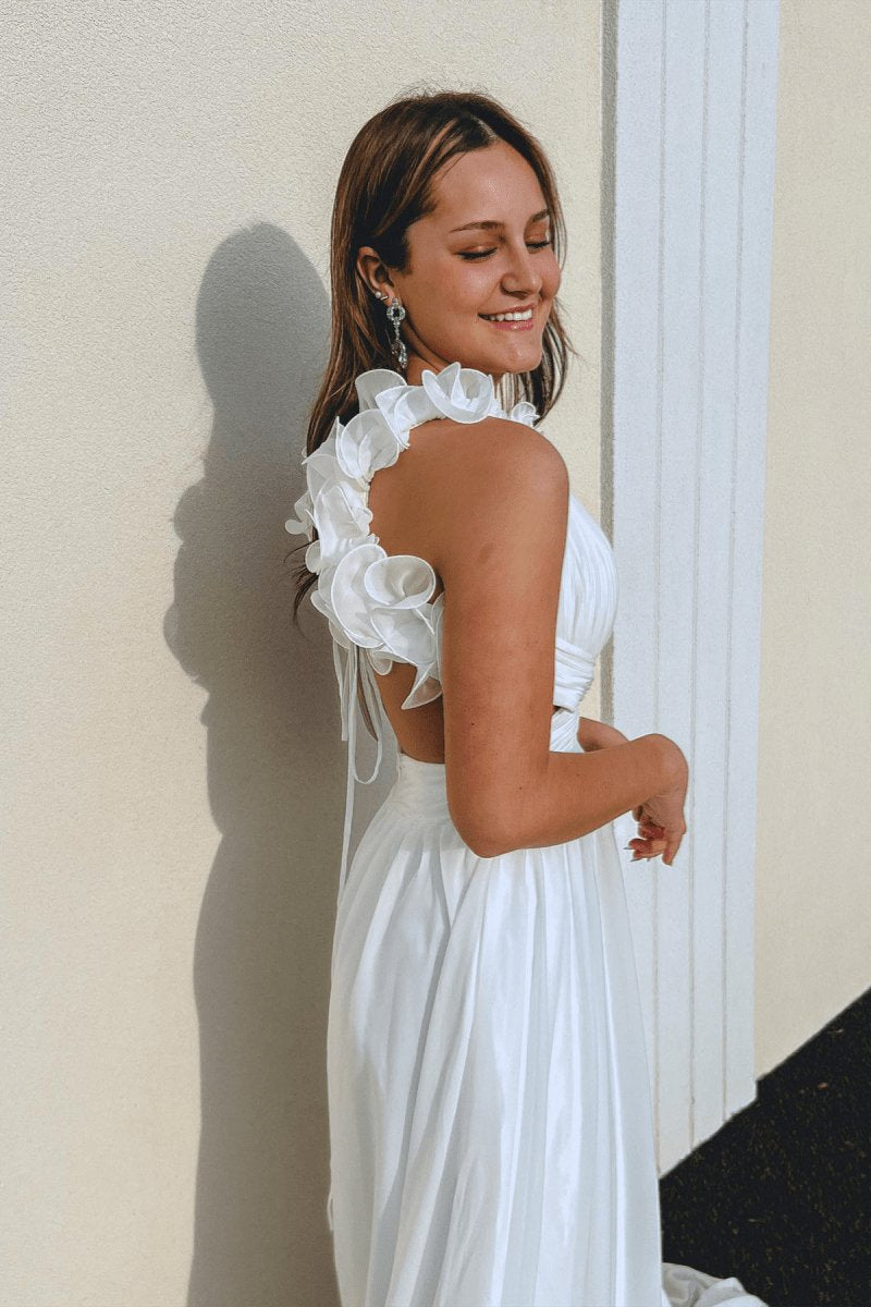 Ruffle Straps Pleated Cut-Out Deep V Long Prom Dresses