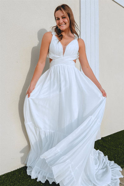 Ruffle Straps Pleated Cut-Out Deep V Long Prom Dresses