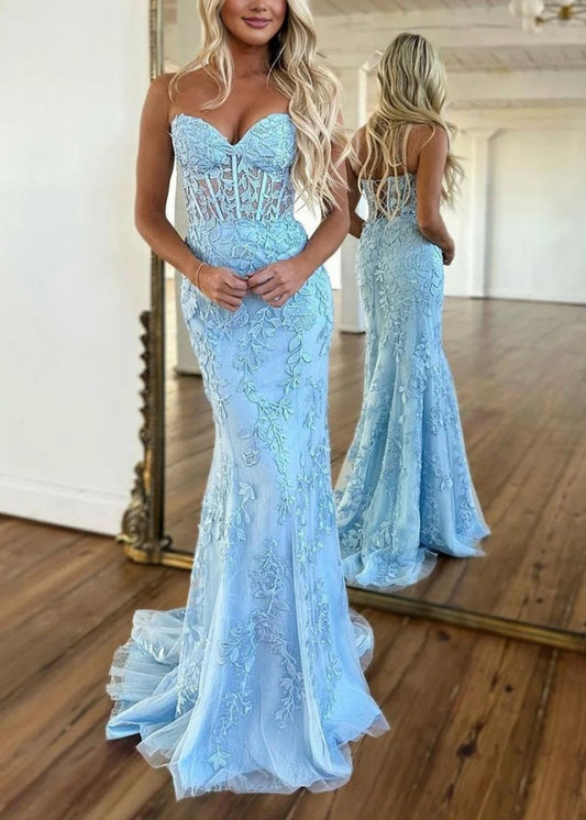 Mermaid Strapless Lace Prom Dresses with Appliques