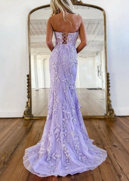 Mermaid Strapless Lace Prom Dresses with Appliques