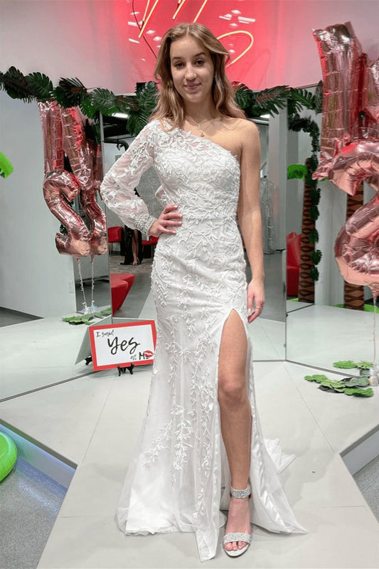 Mermaid One Shoulder Long Sleeve Lace Prom Dresses
