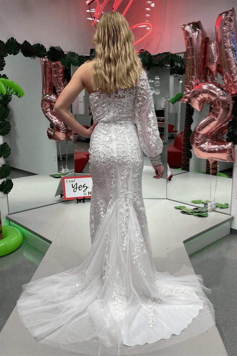 Mermaid One Shoulder Long Sleeve Lace Prom Dresses