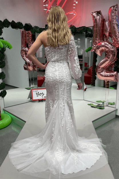 Mermaid One Shoulder Long Sleeve Lace Prom Dresses