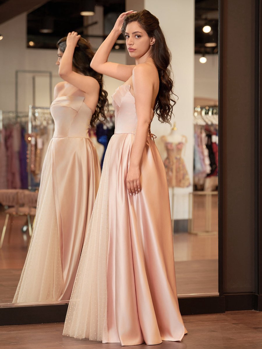 Sleeveless Satin A-line Floor-Length Evening Gown Slit with Tulle Strapless Prom Dresses