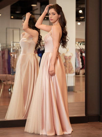 Sleeveless Satin A-line Floor-Length Evening Gown Slit with Tulle Strapless Prom Dresses
