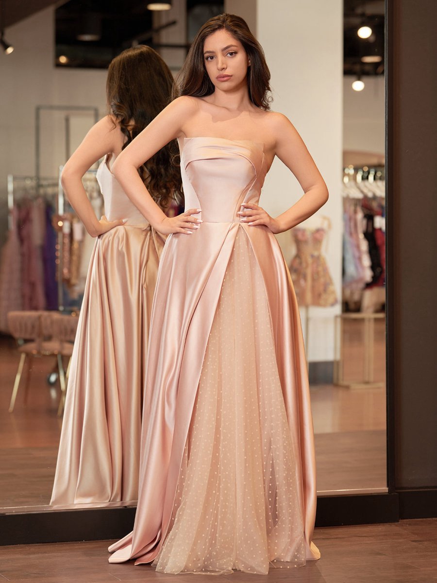 Sleeveless Satin A-line Floor-Length Evening Gown Slit with Tulle Strapless Prom Dresses