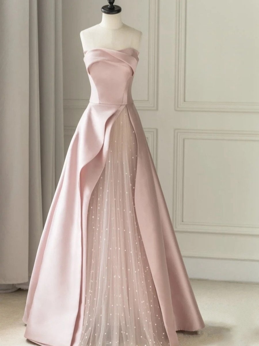 Sleeveless Satin A-line Floor-Length Evening Gown Slit with Tulle Strapless Prom Dresses