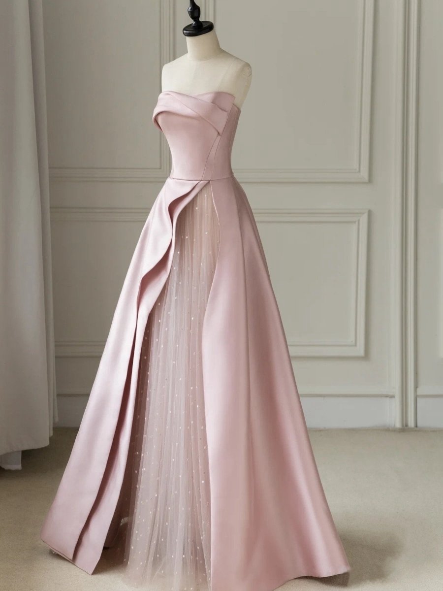 Sleeveless Satin A-line Floor-Length Evening Gown Slit with Tulle Strapless Prom Dresses