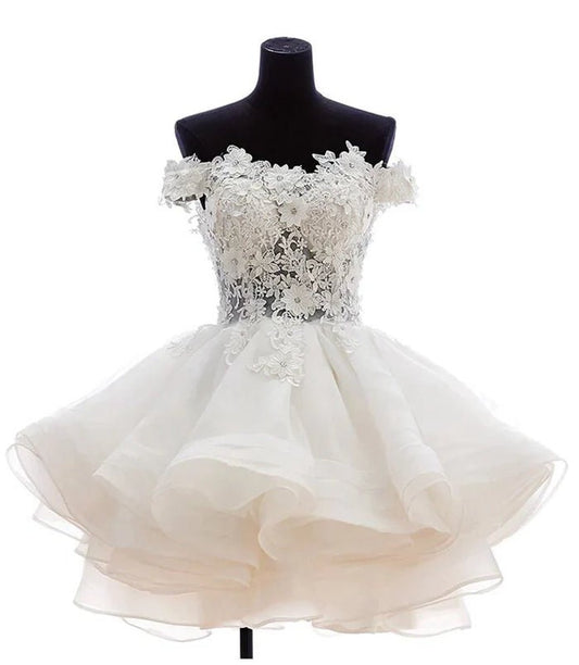 A-line Lace Organza Appliqued Off-the Shoulder Prom Dresses