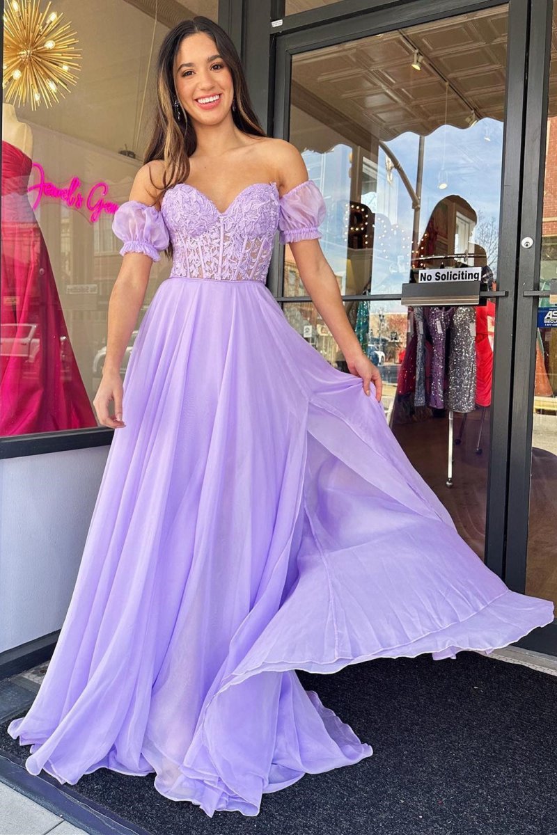 A-line Sweetheart Chiffon Prom Dresses with Puff Sleeves