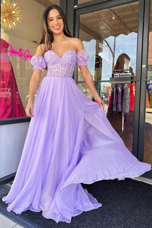 A-line Sweetheart Chiffon Prom Dresses with Puff Sleeves