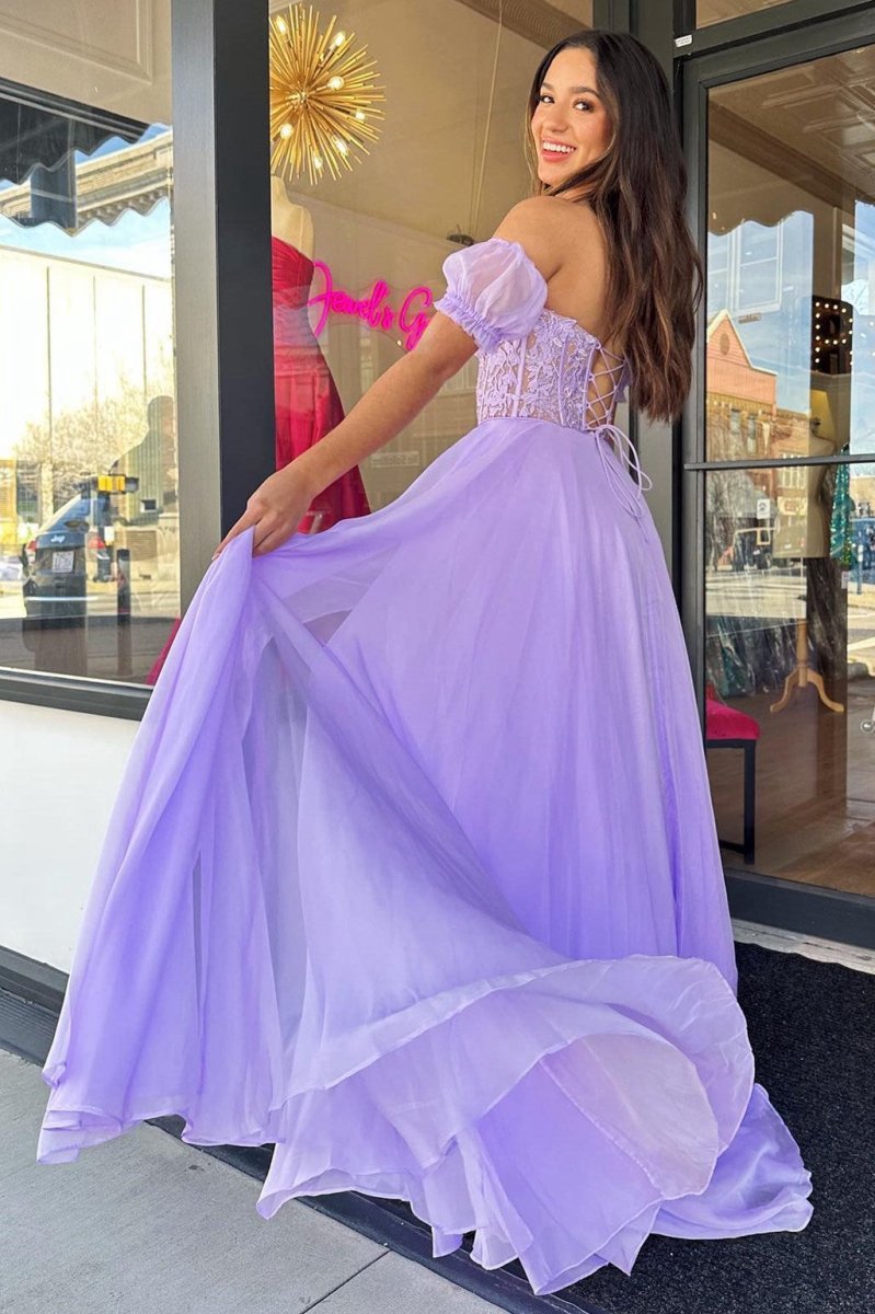 A-line Sweetheart Chiffon Prom Dresses with Puff Sleeves