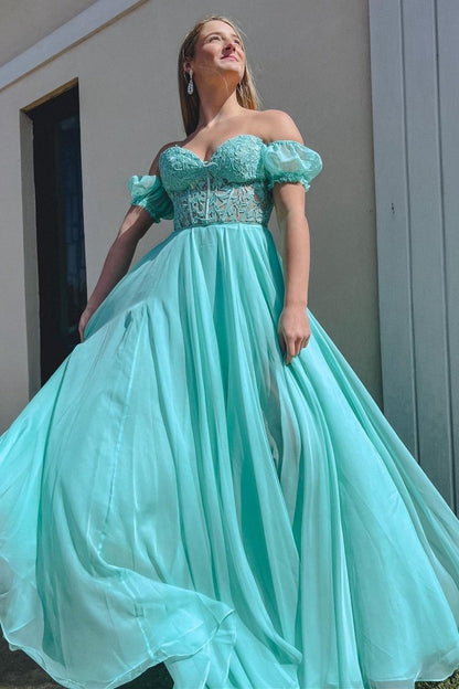 A-line Sweetheart Chiffon Prom Dresses with Puff Sleeves