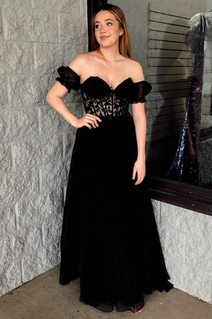 A-line Sweetheart Chiffon Prom Dresses with Puff Sleeves