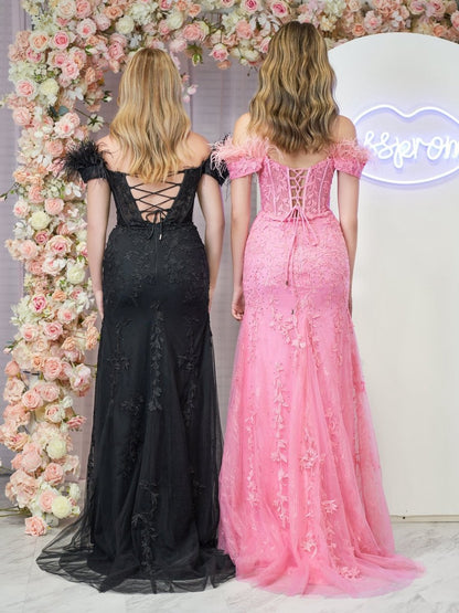 Mermaid Deep V Neck Feather Lace Long Prom Dresses