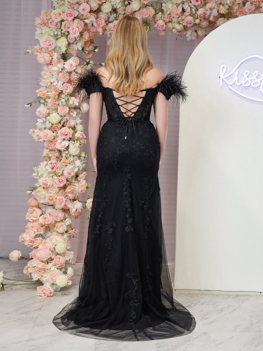 Mermaid Deep V Neck Feather Lace Long Prom Dresses