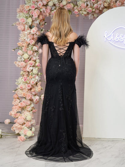 Mermaid Deep V Neck Feather Lace Long Prom Dresses