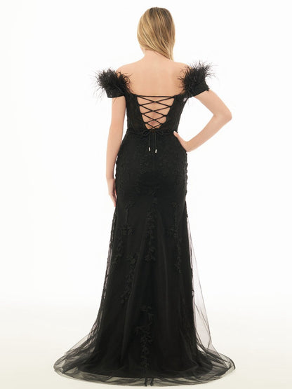 Mermaid Deep V Neck Feather Lace Long Prom Dresses
