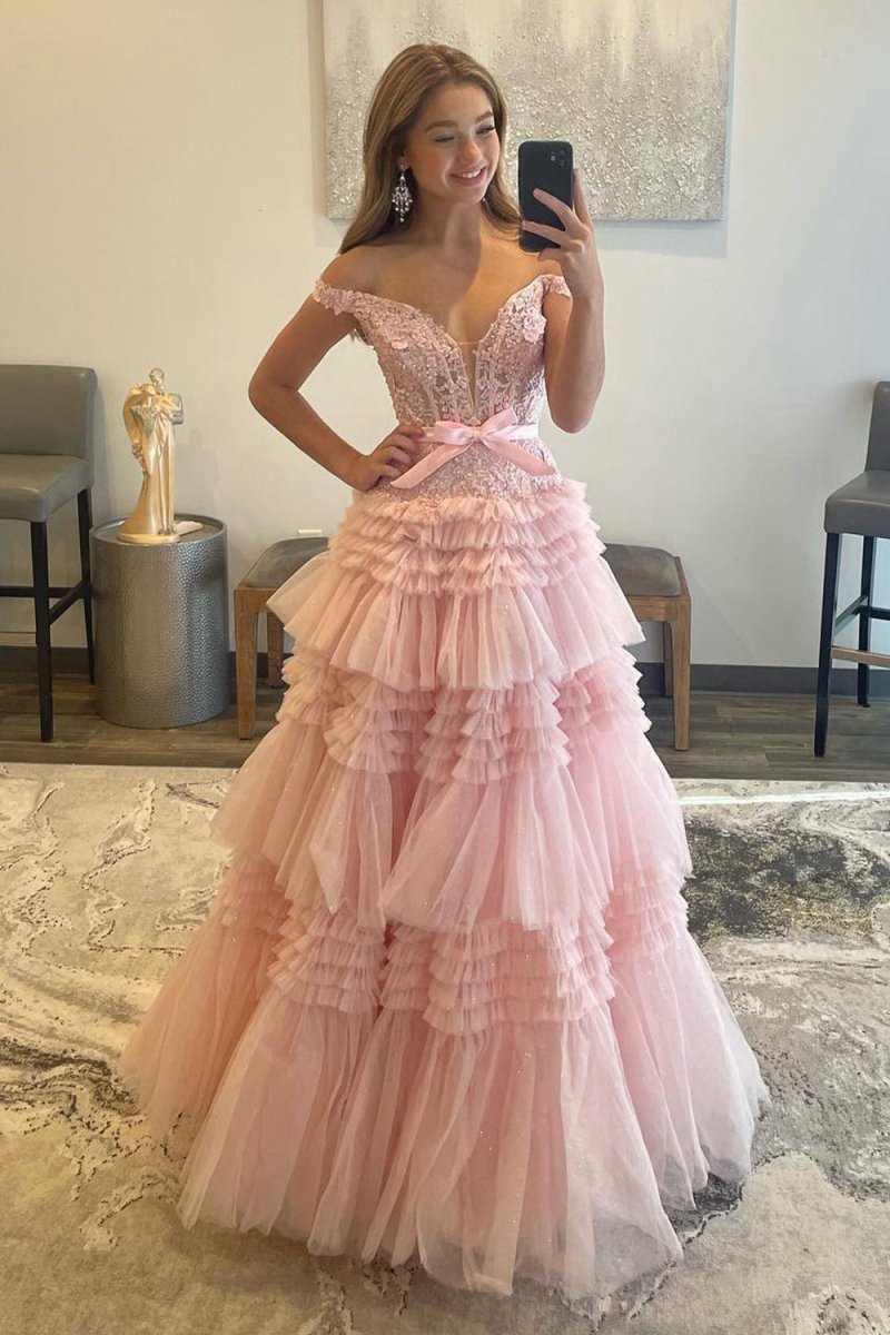 Princess A-line Off the Shoulder Long Prom Dresses with Ruffles