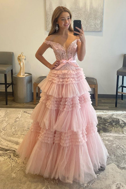 Princess A-line Off the Shoulder Long Prom Dresses with Ruffles