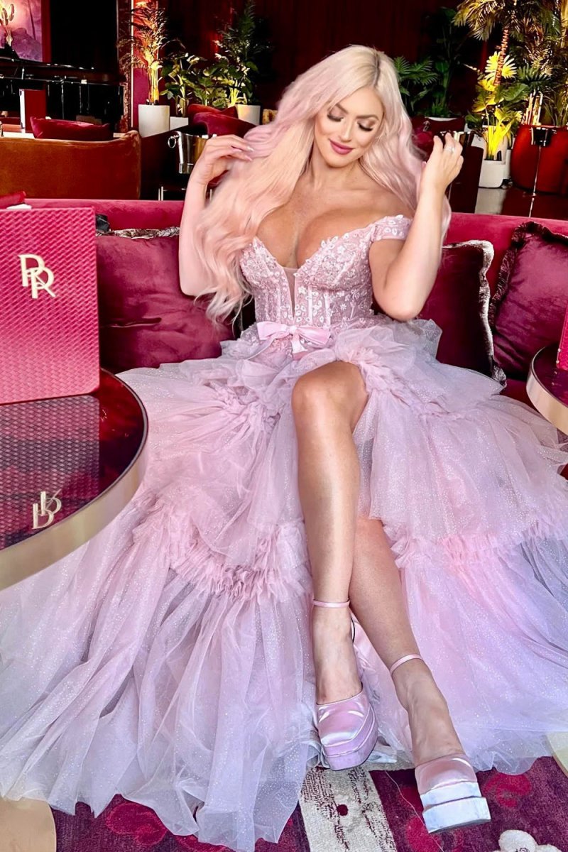 Princess A-line Off the Shoulder Long Prom Dresses with Ruffles