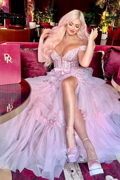 Princess A-line Off the Shoulder Long Prom Dresses with Ruffles