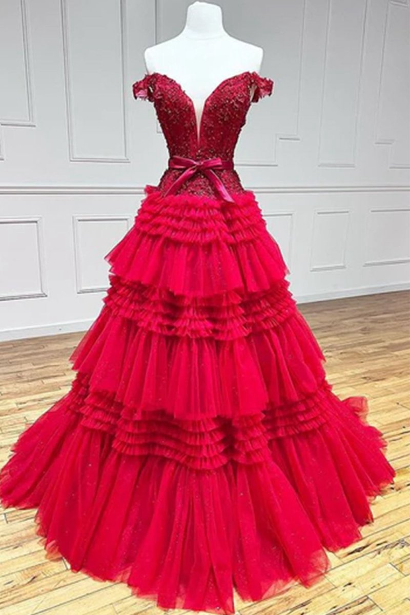 Princess A-line Off the Shoulder Long Prom Dresses with Ruffles
