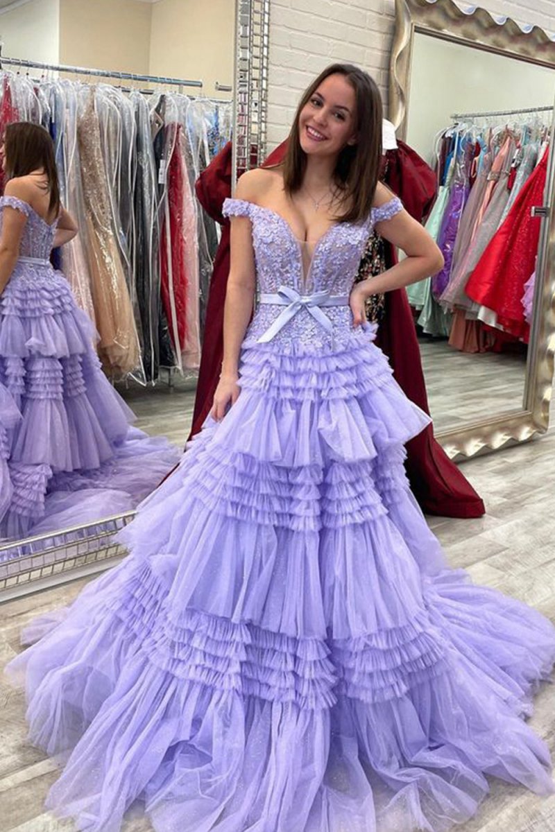 Princess A-line Off the Shoulder Long Prom Dresses with Ruffles