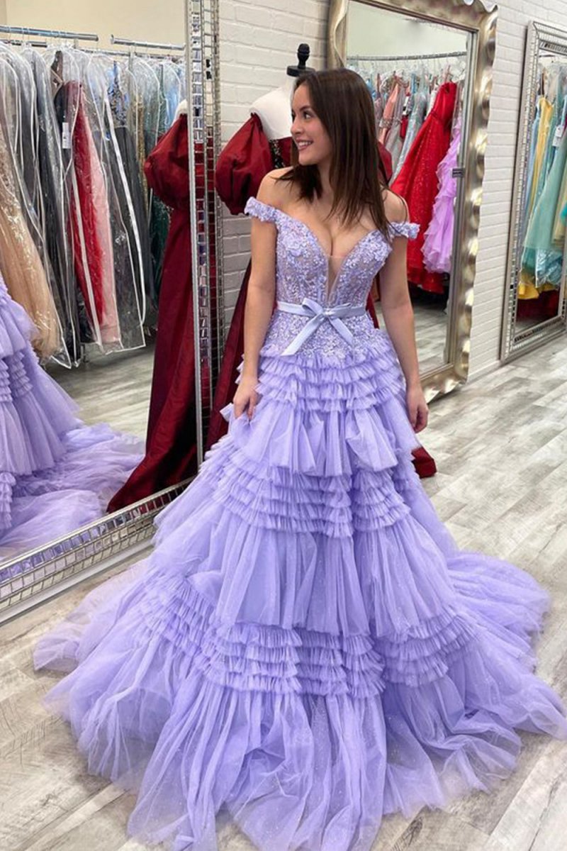 Princess A-line Off the Shoulder Long Prom Dresses with Ruffles