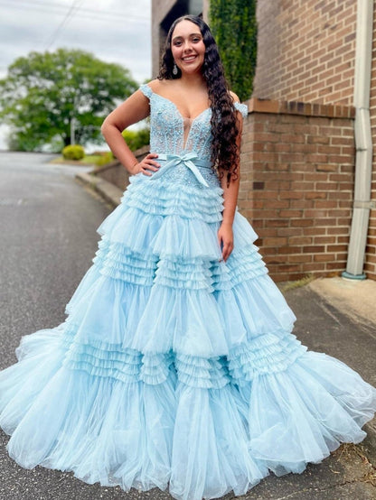 Princess A-line Off the Shoulder Long Prom Dresses with Ruffles