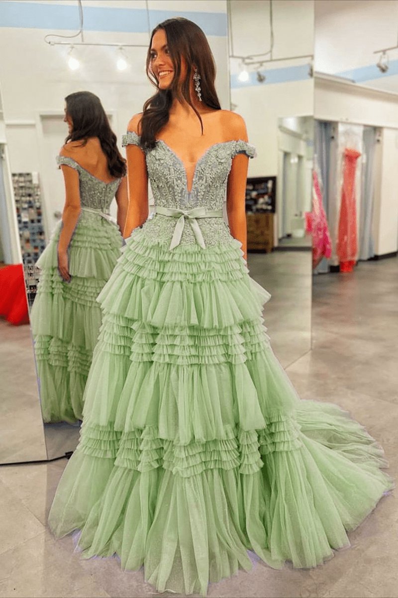 Princess A-line Off the Shoulder Long Prom Dresses with Ruffles