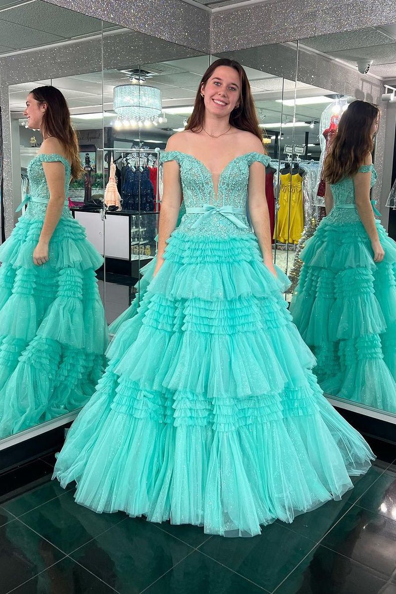 Princess A-line Off the Shoulder Long Prom Dresses with Ruffles